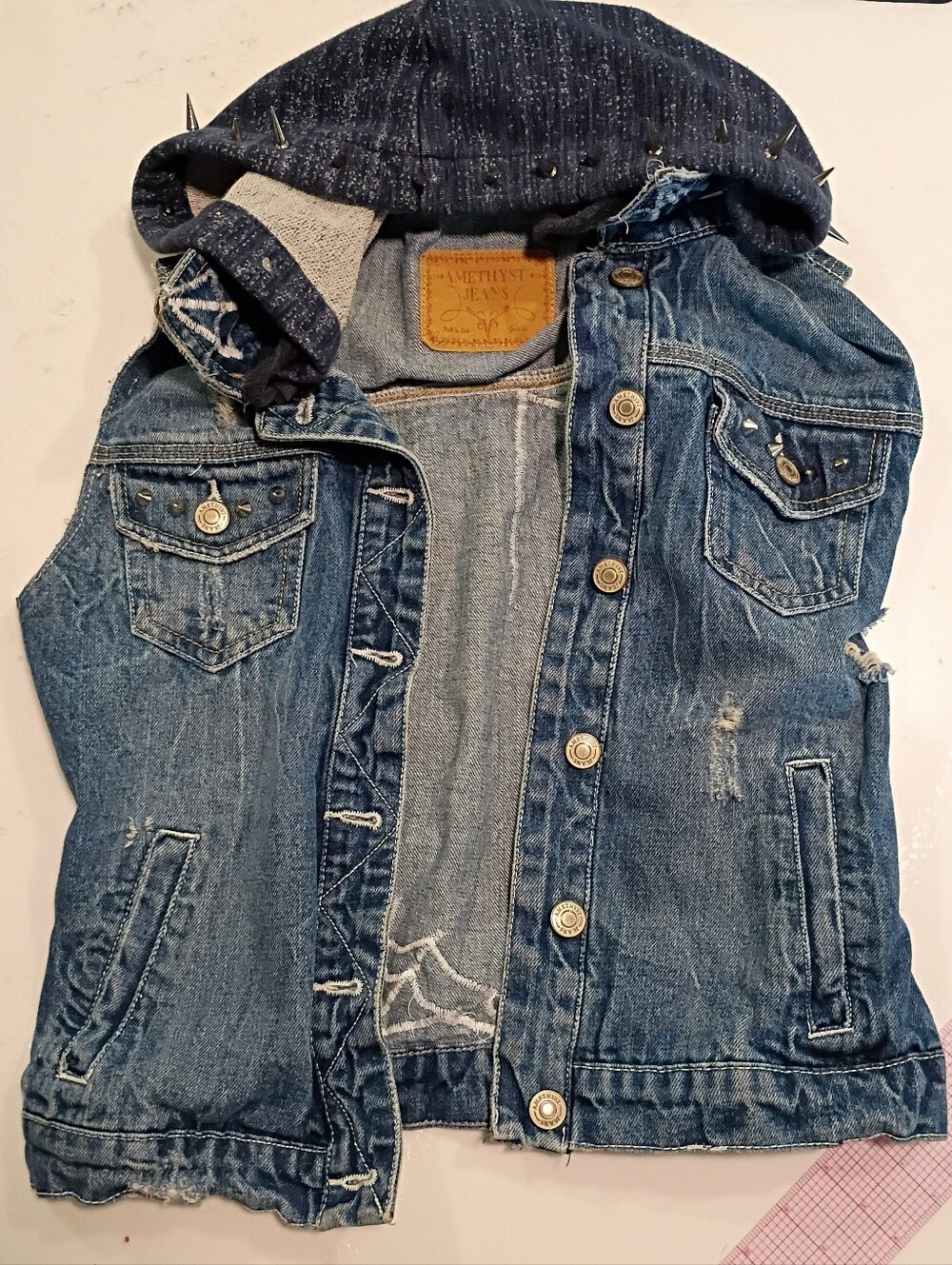 Spiked Upcycled Amethyst Jeans Blue Distressed Denim Hooded Vest